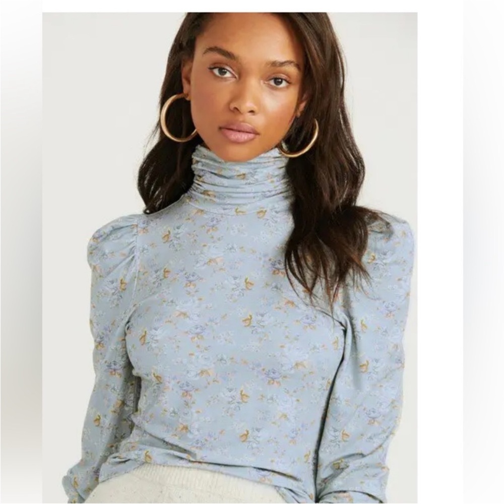 LoveShackFancy Vienna Top XL Blue Floral Turtleneck Puff Sleeve Fitted Romantic
